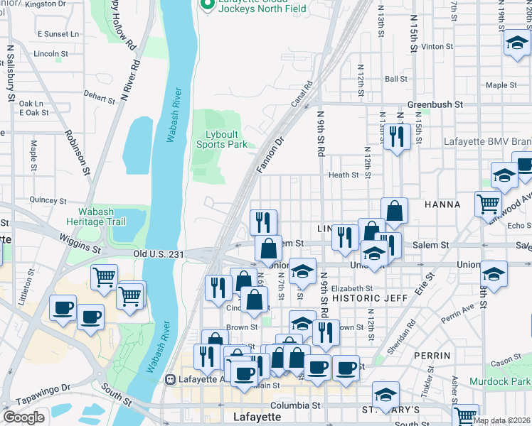 map of restaurants, bars, coffee shops, grocery stores, and more near 915 North 6th Street in Lafayette