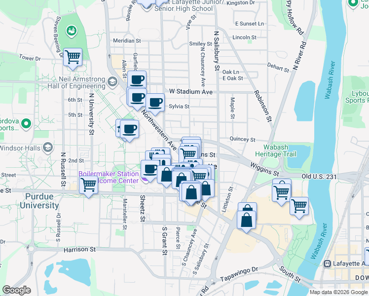 map of restaurants, bars, coffee shops, grocery stores, and more near in West Lafayette