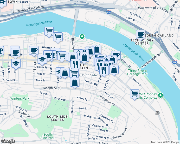 map of restaurants, bars, coffee shops, grocery stores, and more near 2418 Sarah Street in Pittsburgh