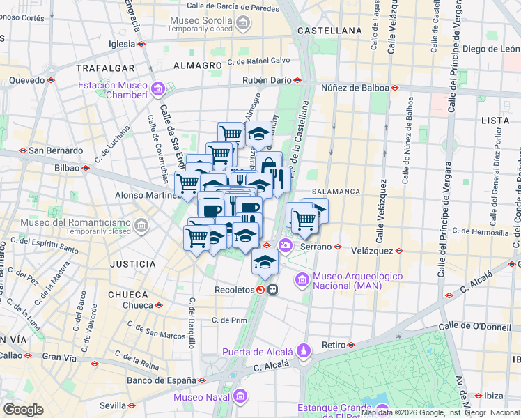 map of restaurants, bars, coffee shops, grocery stores, and more near 5 Calle Amador de los Ríos in Madrid