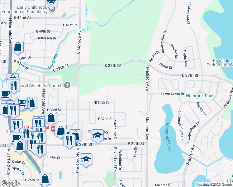map of restaurants, bars, coffee shops, grocery stores, and more near 3454 Silver Leaf Drive in Loveland