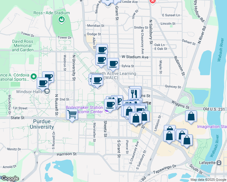 map of restaurants, bars, coffee shops, grocery stores, and more near 400 Central Drive in West Lafayette