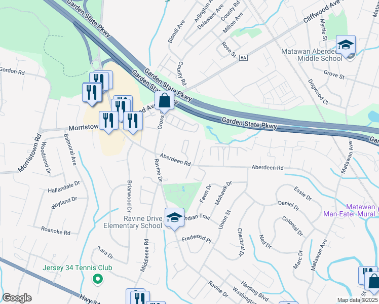 map of restaurants, bars, coffee shops, grocery stores, and more near 33 Aberdeen Road in Matawan