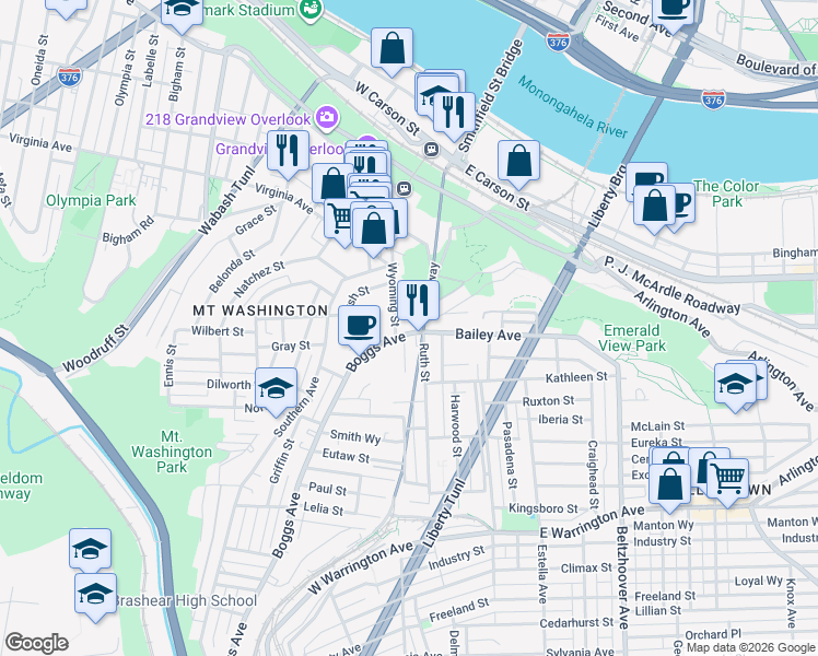 map of restaurants, bars, coffee shops, grocery stores, and more near 2 Boggs Avenue in Pittsburgh