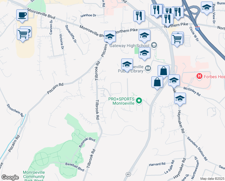 map of restaurants, bars, coffee shops, grocery stores, and more near 955 Hamlet Court in Monroeville