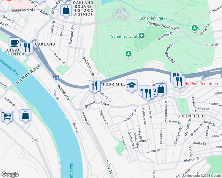 map of restaurants, bars, coffee shops, grocery stores, and more near 37 Alexis Street in Pittsburgh