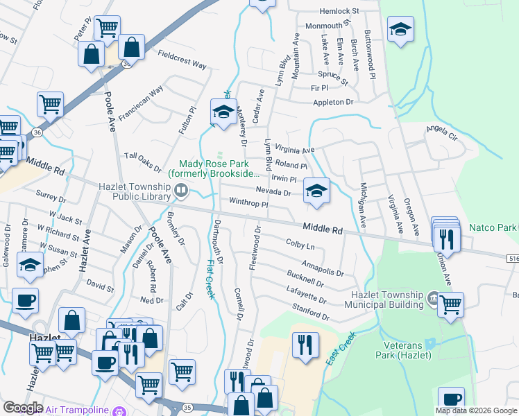 map of restaurants, bars, coffee shops, grocery stores, and more near 24 Winthrop Place in Hazlet