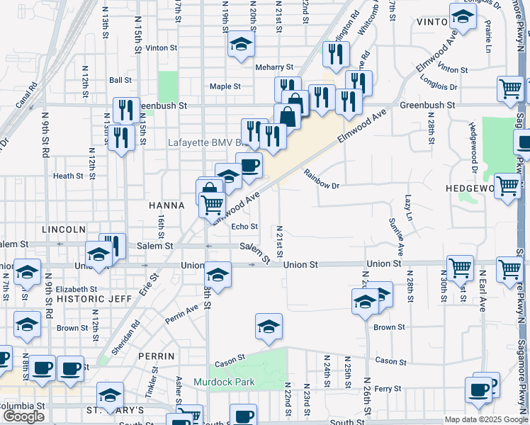 map of restaurants, bars, coffee shops, grocery stores, and more near 1001 North 20th Street in Lafayette