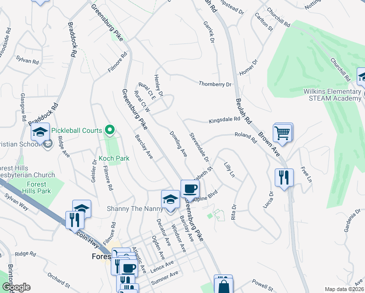 map of restaurants, bars, coffee shops, grocery stores, and more near 3945 Dowling Avenue in Pittsburgh