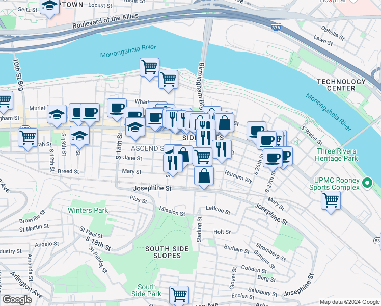 map of restaurants, bars, coffee shops, grocery stores, and more near 121 South 22nd Street in Pittsburgh