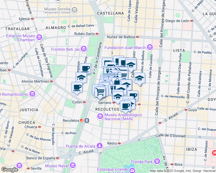 map of restaurants, bars, coffee shops, grocery stores, and more near 48 Calle de Serrano in Madrid