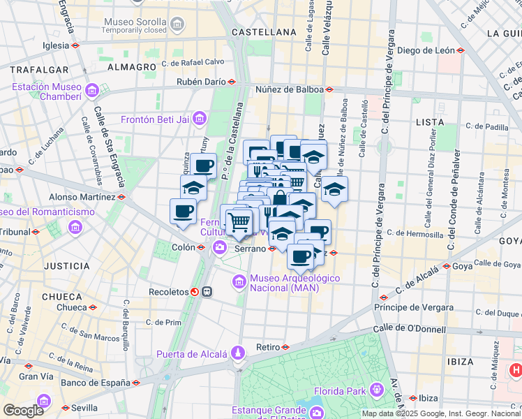 map of restaurants, bars, coffee shops, grocery stores, and more near 48 Calle de Serrano in Madrid