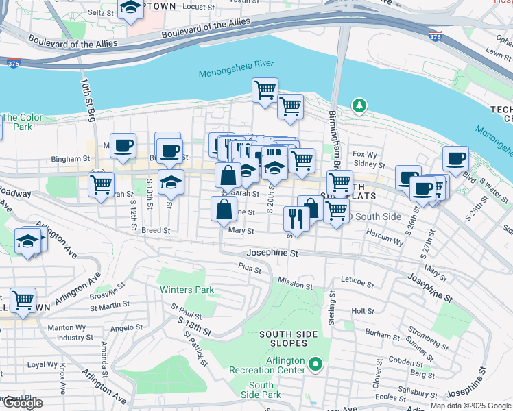 map of restaurants, bars, coffee shops, grocery stores, and more near 1919 Harcum Way in Pittsburgh