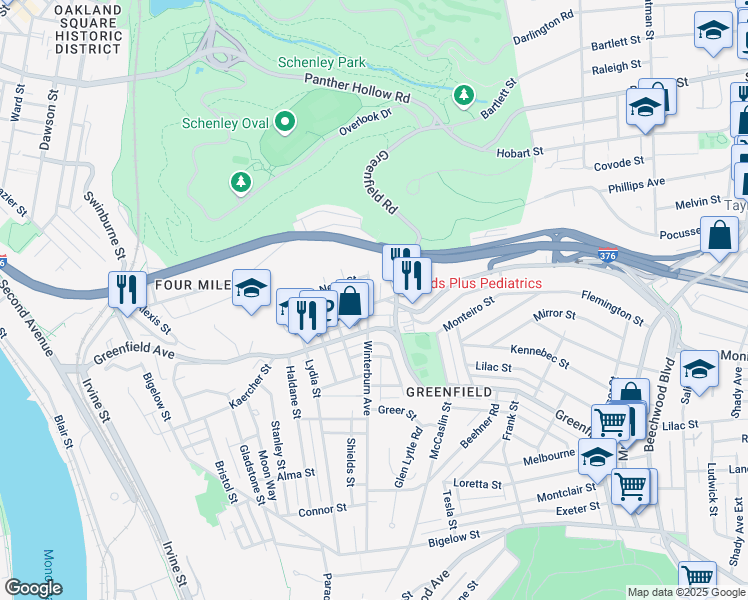 map of restaurants, bars, coffee shops, grocery stores, and more near 605 Greenfield Avenue in Pittsburgh