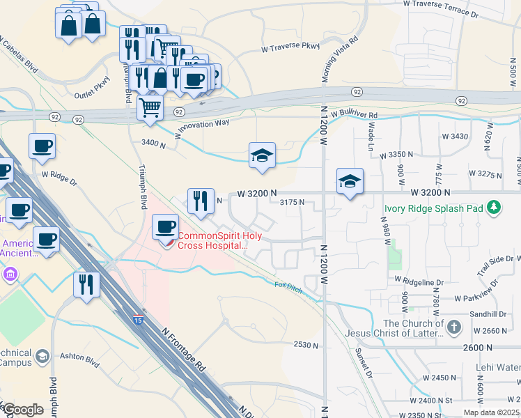 map of restaurants, bars, coffee shops, grocery stores, and more near 3130 Provence Lane in Lehi