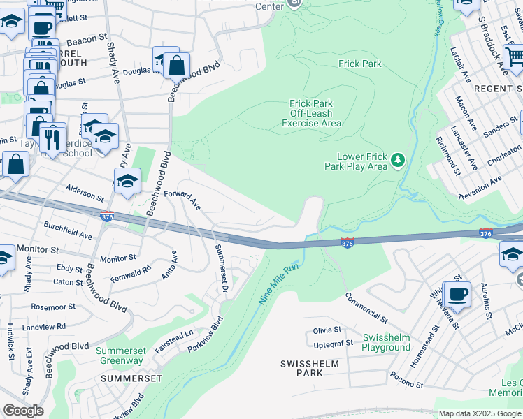 map of restaurants, bars, coffee shops, grocery stores, and more near 7070 Forward Avenue in Pittsburgh