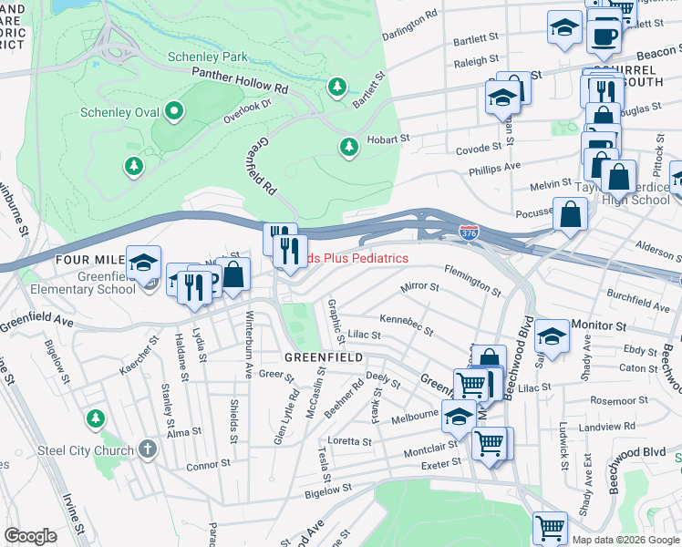 map of restaurants, bars, coffee shops, grocery stores, and more near 827 Flemington Street in Pittsburgh