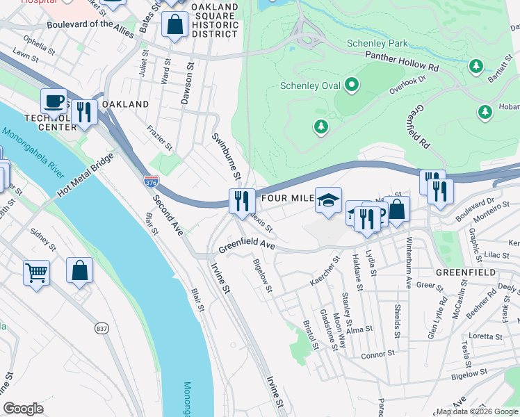 map of restaurants, bars, coffee shops, grocery stores, and more near 37 Alexis Street in Pittsburgh