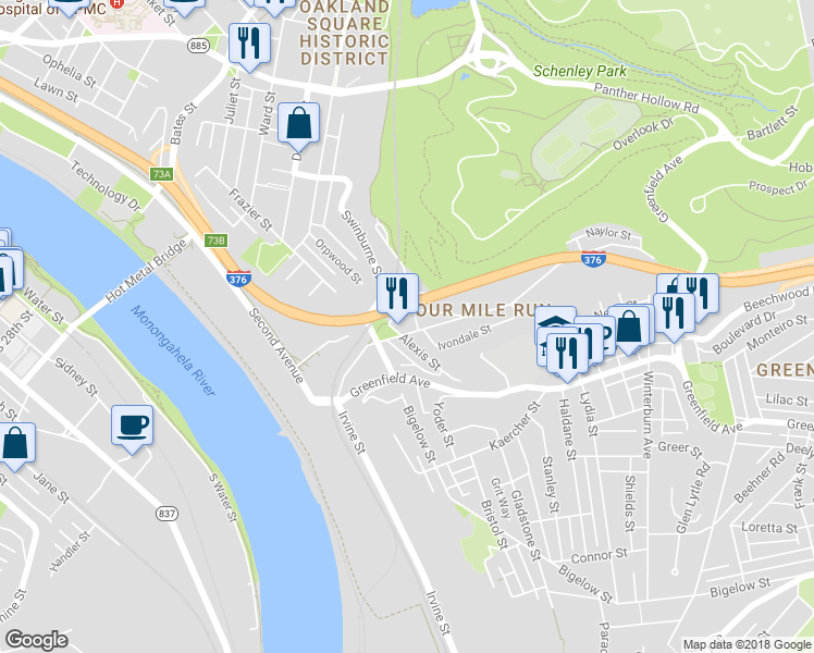 map of restaurants, bars, coffee shops, grocery stores, and more near 3806 Acorn Street in Pittsburgh