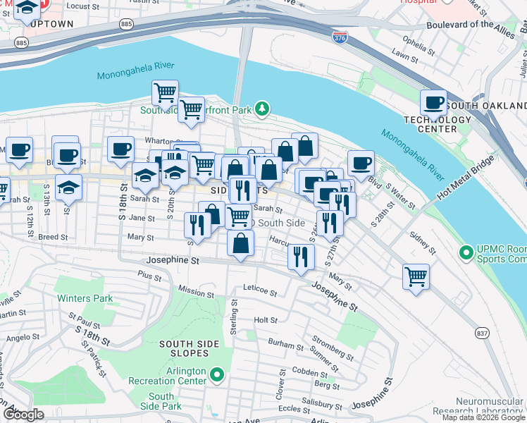 map of restaurants, bars, coffee shops, grocery stores, and more near 2315 Jane Street in Pittsburgh