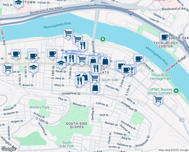 map of restaurants, bars, coffee shops, grocery stores, and more near 2218 Jane Street in Pittsburgh