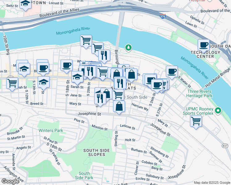 map of restaurants, bars, coffee shops, grocery stores, and more near 2218 Jane Street in Pittsburgh