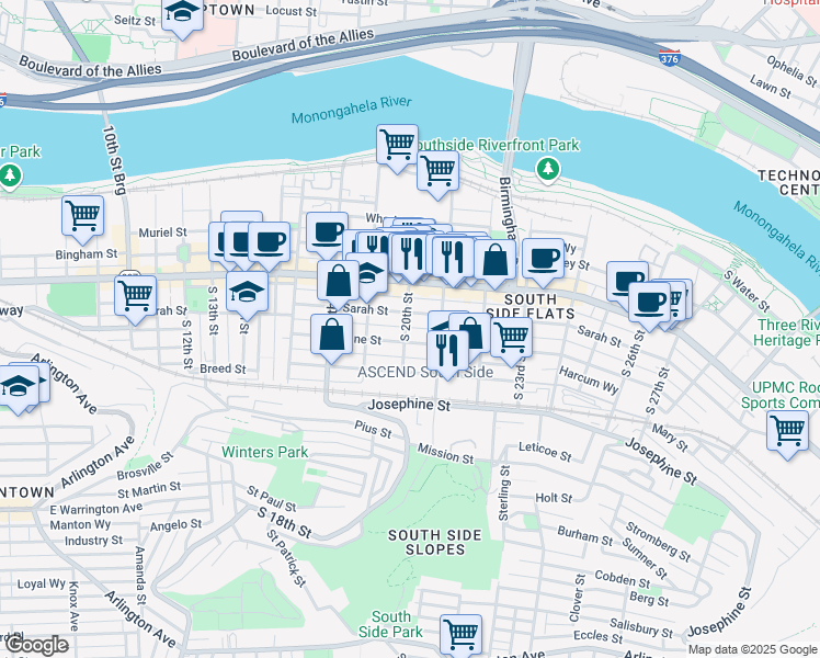map of restaurants, bars, coffee shops, grocery stores, and more near 2100 Jane Street in Pittsburgh