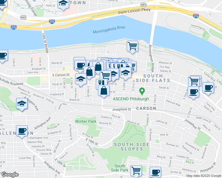 map of restaurants, bars, coffee shops, grocery stores, and more near 1819 Harcum Way in Pittsburgh