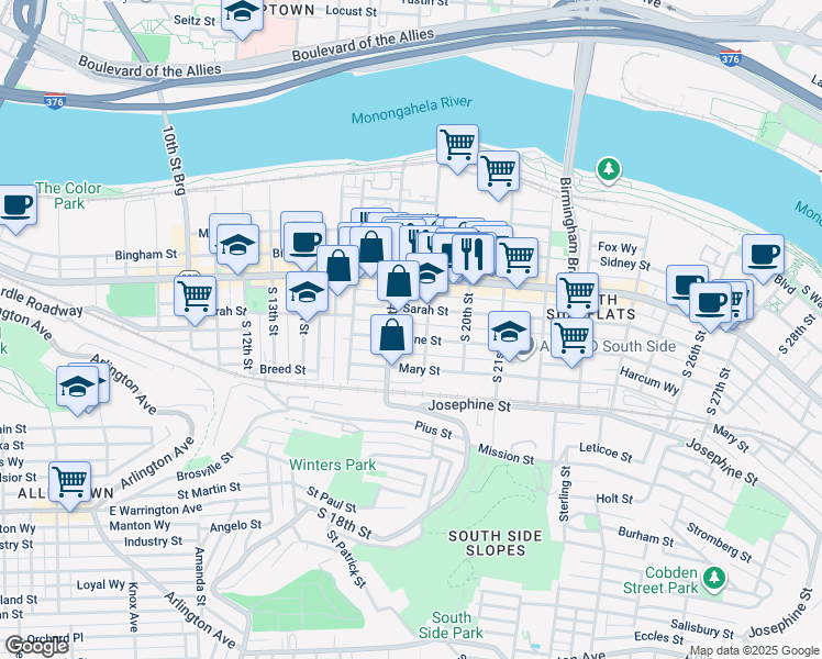 map of restaurants, bars, coffee shops, grocery stores, and more near 1819 Harcum Way in Pittsburgh