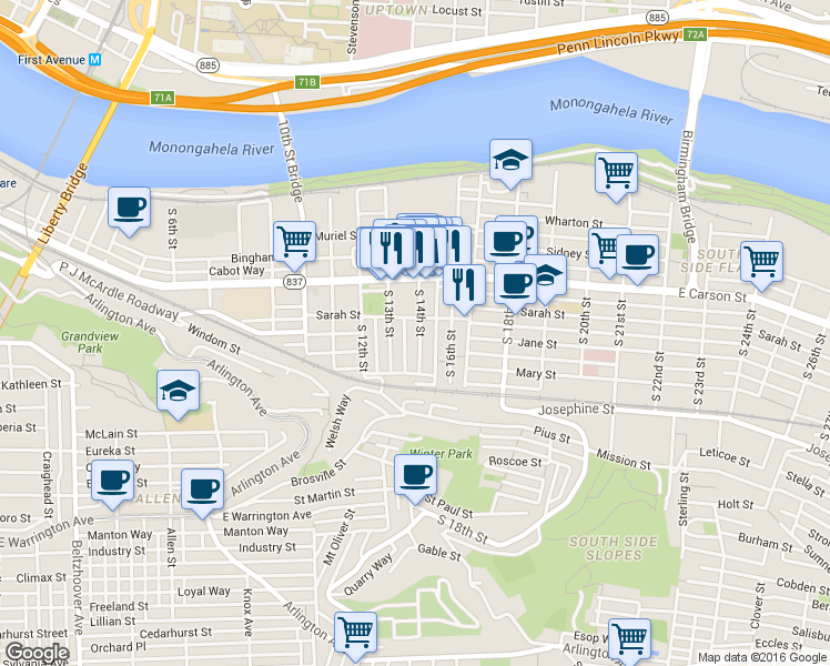 map of restaurants, bars, coffee shops, grocery stores, and more near 35 Uxor Way in Pittsburgh