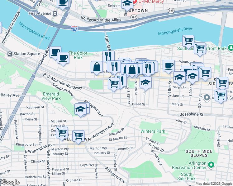 map of restaurants, bars, coffee shops, grocery stores, and more near 128 South 11th Street in Pittsburgh