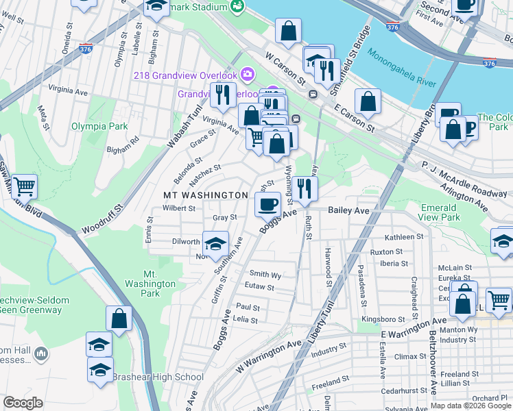 map of restaurants, bars, coffee shops, grocery stores, and more near 117 Southern Avenue in Pittsburgh