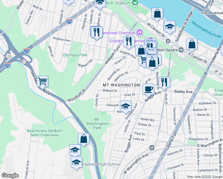 map of restaurants, bars, coffee shops, grocery stores, and more near 517 Natchez Street in Pittsburgh