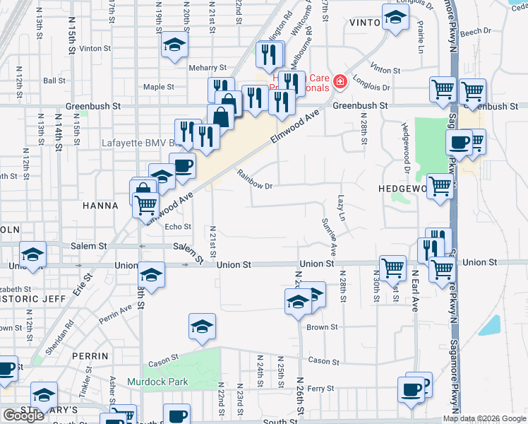 map of restaurants, bars, coffee shops, grocery stores, and more near 1005 North 21st Street in Lafayette