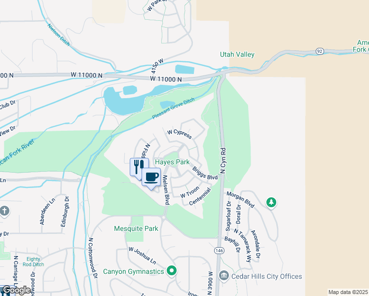 map of restaurants, bars, coffee shops, grocery stores, and more near 10743 North Shinnecock in Cedar Hills