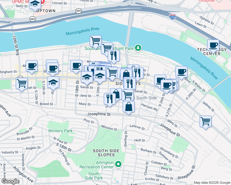 map of restaurants, bars, coffee shops, grocery stores, and more near 150 South 22nd Street in Pittsburgh