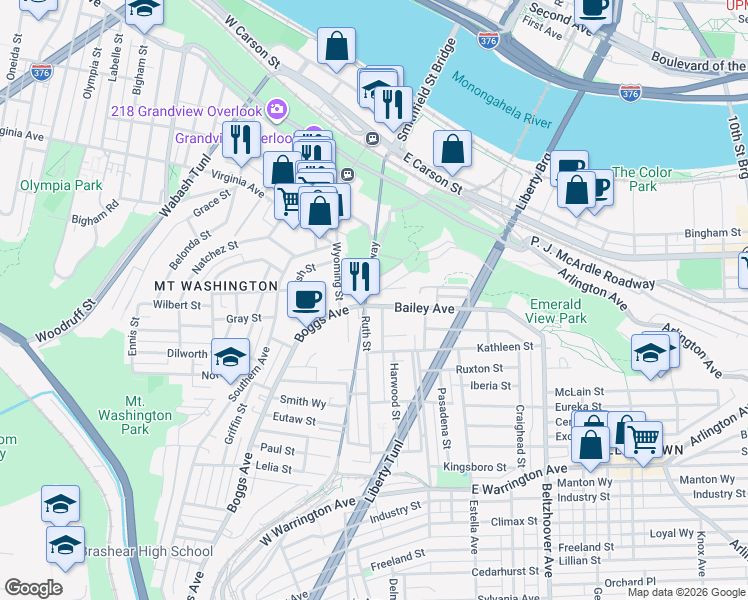 map of restaurants, bars, coffee shops, grocery stores, and more near 14 Ruth Street in Pittsburgh