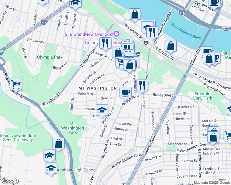map of restaurants, bars, coffee shops, grocery stores, and more near 119 Southern Avenue in Pittsburgh