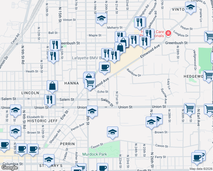 map of restaurants, bars, coffee shops, grocery stores, and more near 1001 North 20th Street in Lafayette