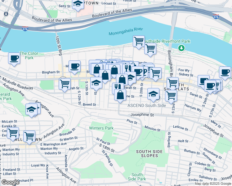 map of restaurants, bars, coffee shops, grocery stores, and more near 1717 Harcum Way in Pittsburgh