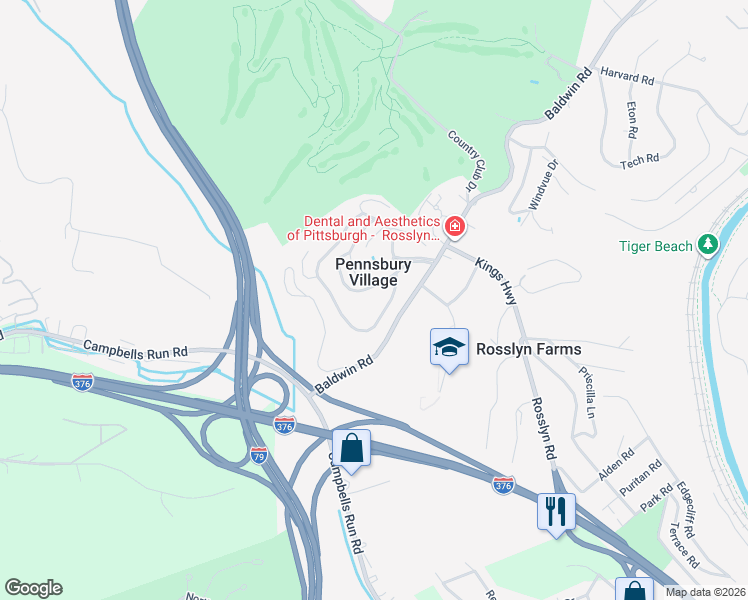 map of restaurants, bars, coffee shops, grocery stores, and more near 1280 Pennsbury Boulevard in Pittsburgh