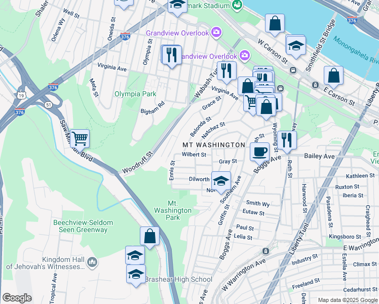 map of restaurants, bars, coffee shops, grocery stores, and more near 210 Wilbert Street in Pittsburgh