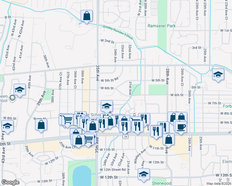 map of restaurants, bars, coffee shops, grocery stores, and more near 3300 West 6th Street in Greeley