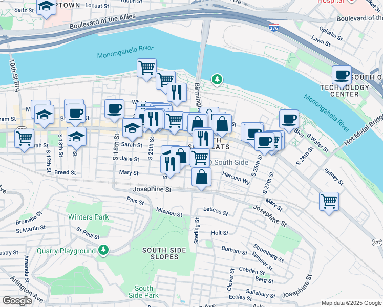 map of restaurants, bars, coffee shops, grocery stores, and more near 2206 Sarah Street in Pittsburgh