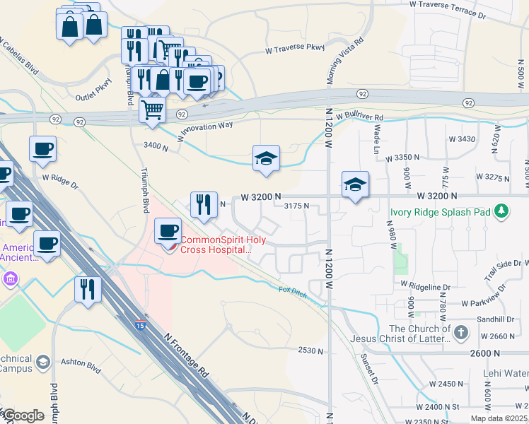map of restaurants, bars, coffee shops, grocery stores, and more near 3130 Provence Lane in Lehi