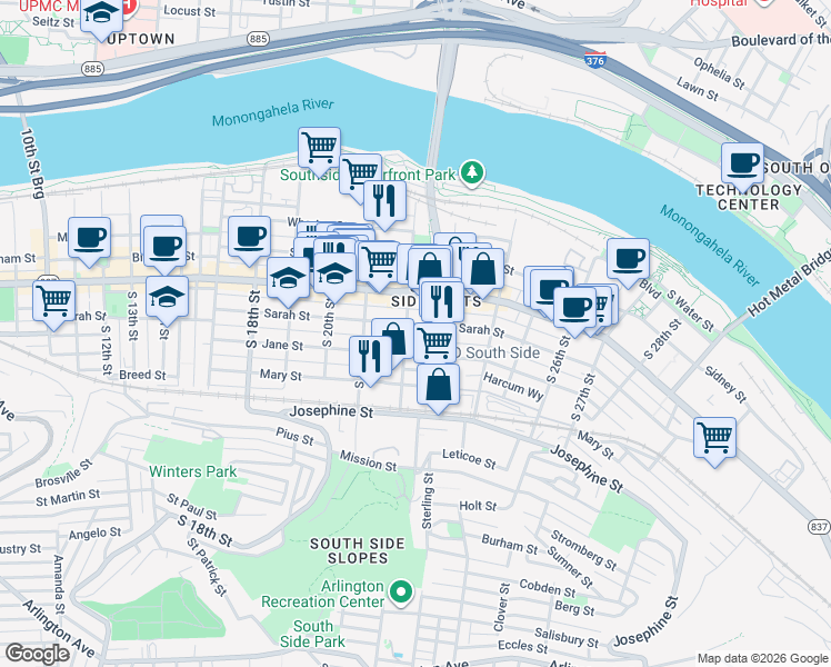 map of restaurants, bars, coffee shops, grocery stores, and more near 2218 Jane Street in Pittsburgh