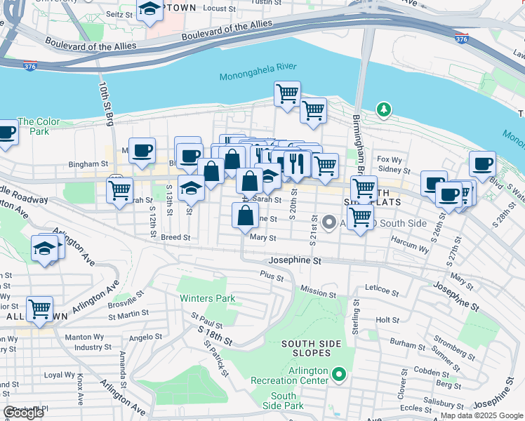 map of restaurants, bars, coffee shops, grocery stores, and more near 1819 Harcum Way in Pittsburgh