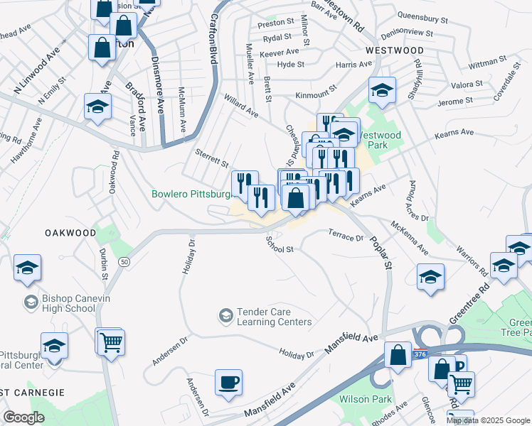 map of restaurants, bars, coffee shops, grocery stores, and more near 1409 Poplar Street in Pittsburgh