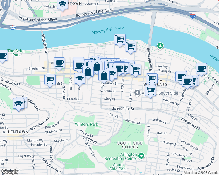 map of restaurants, bars, coffee shops, grocery stores, and more near 1807 Sarah Street in Pittsburgh