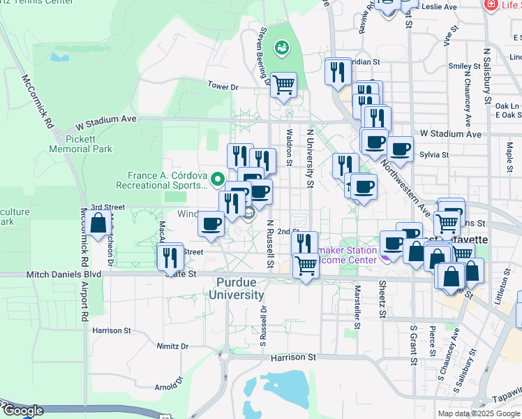 map of restaurants, bars, coffee shops, grocery stores, and more near 1101 South 3rd Street in Lafayette
